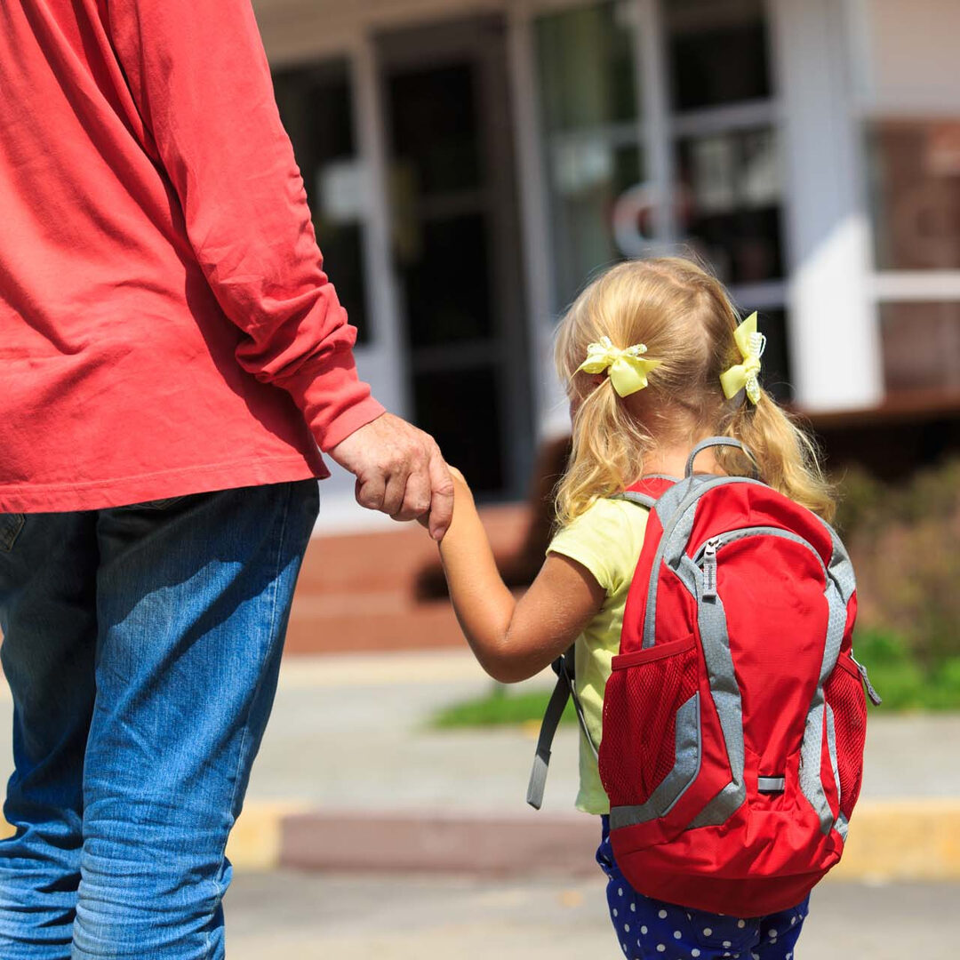 A little girl holding the hand of an adult.